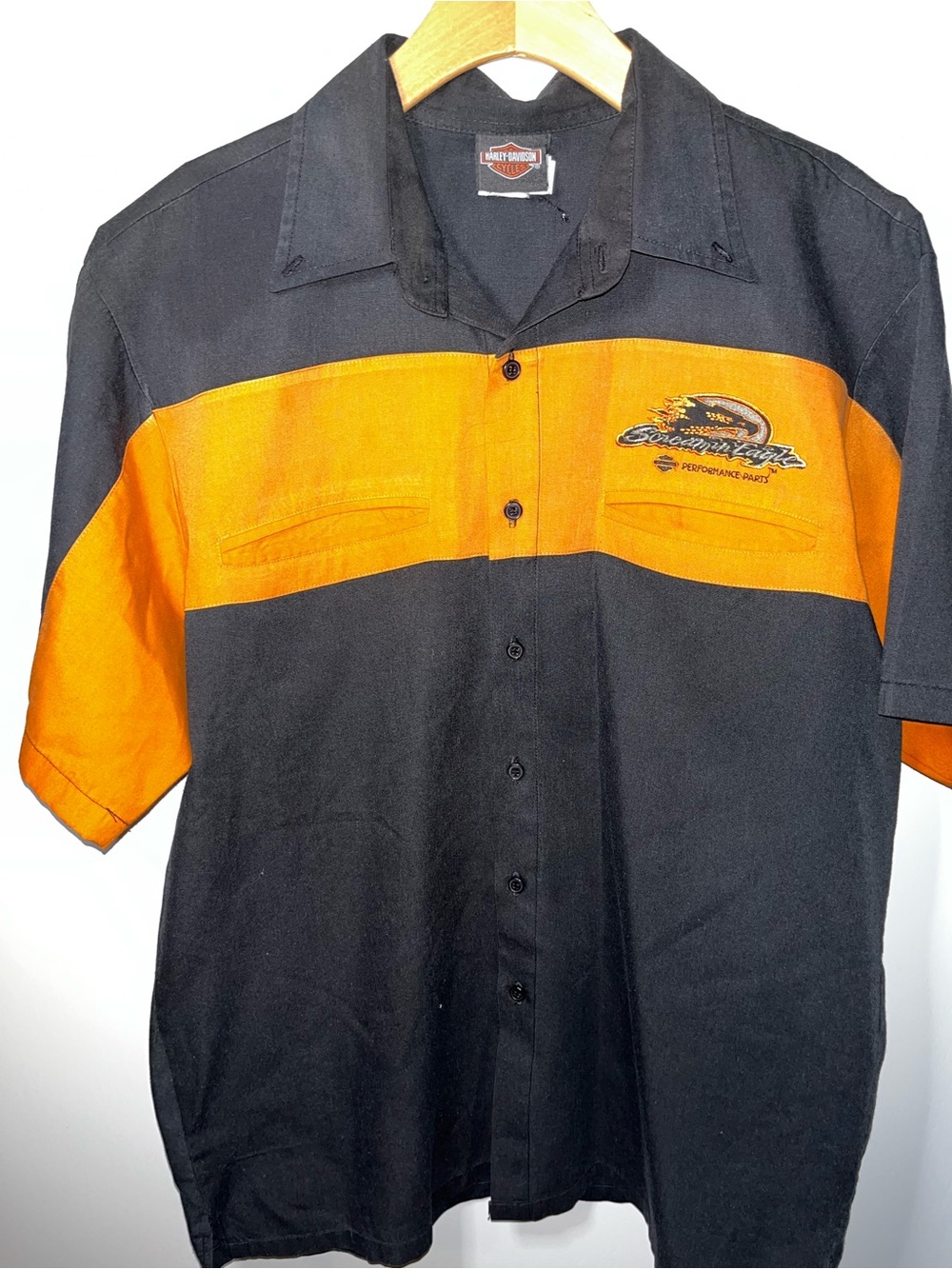 Harley-Davidson Black and Orange Short Sleeve Button-Up Work Shirt